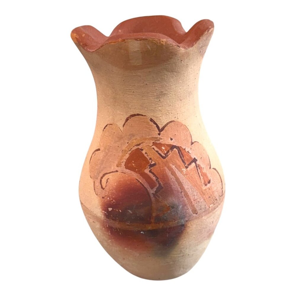 Vintage Signed Jemez Native American Pottery Vase Scalloped Rim & Red-Brown